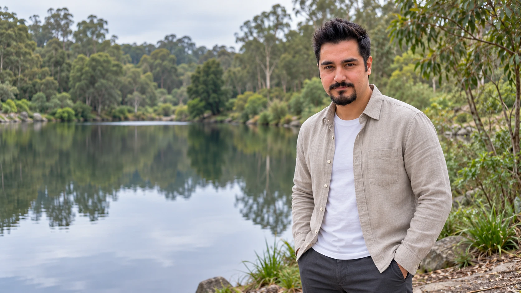Matt Tafkiki standing beside a still lake surrounded by eucalypts.