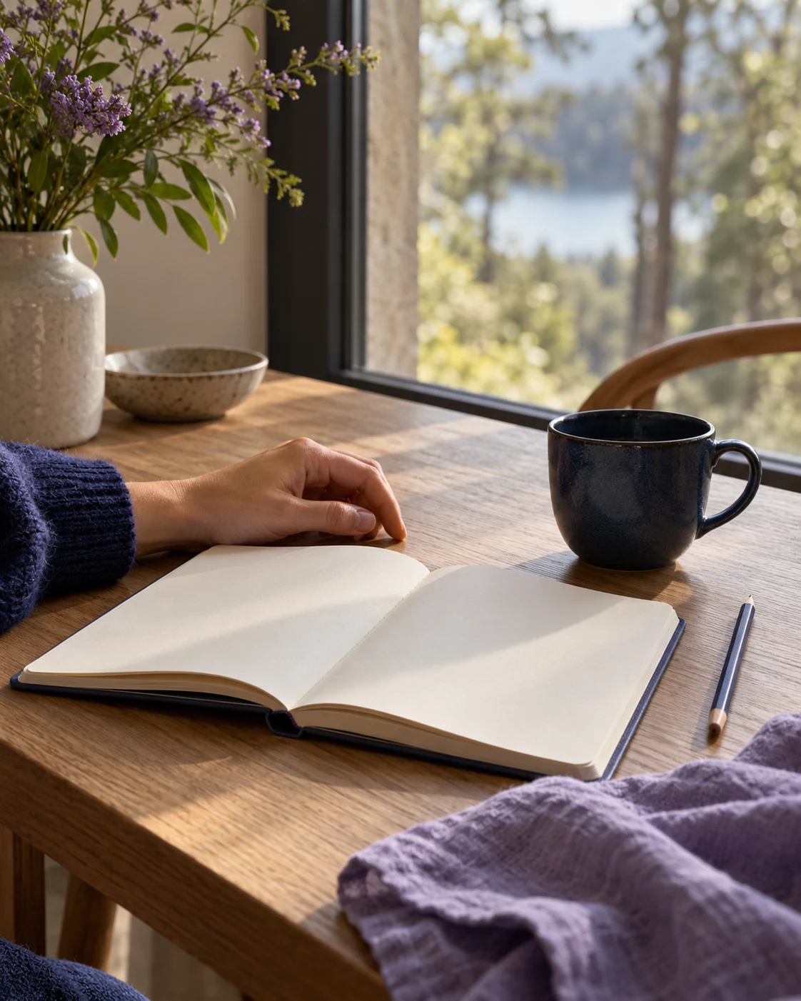An open notebook, a pencil and a dark blue cup on a wooden table beside a window.