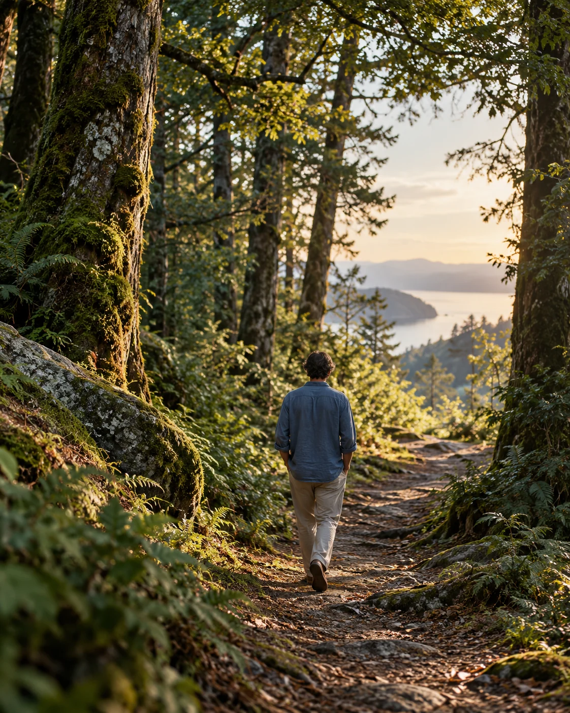A person, seen from behind, walking a woodland path towards an open view of water.